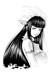 Rule 34 | 1girl, alternate costume, bare shoulders, black hair, blunt bangs, breasts, bridal veil, bride, cleavage, contemporary, dress, elbow gloves, from side, gloves, greyscale, hyuuga hinata, long hair, looking at viewer, monochrome, naruto, naruto (series), paolo antonio aguasin, solo, veil, very long hair, wedding dress