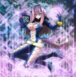 Rule 34 | 1girl, book, boots, breasts, center opening, cleavage, cleavage cutout, clothing cutout, full body, glasses, gloves, hair intakes, hexagram, highres, knee boots, kneeling, large breasts, long hair, magic, magic circle, midriff, navel, pink hair, platform footwear, presa (tales), red eyes, sibata, solo, sparkle, tail, tales of (series), tales of xillia