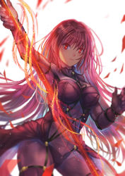 Rule 34 | 1girl, armor, bodysuit, breasts, covered navel, fate/grand order, fate (series), gae bolg (fate), highres, holding, holding weapon, large breasts, long hair, looking at viewer, parted lips, polearm, purple bodysuit, purple hair, red eyes, scathach (fate), shoulder armor, solo, spear, very long hair, weapon, yougenko