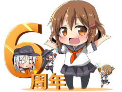 Rule 34 | 4girls, :d, akatsuki (kancolle), anchor symbol, black hair, black socks, blue sailor collar, blue skirt, blush, brown eyes, brown footwear, brown hair, chestnut mouth, chibi, commentary request, hair between eyes, hair ornament, hairclip, hibiki (kancolle), ikazuchi (kancolle), inazuma (kancolle), kantai collection, kneehighs, long hair, mini person, minigirl, multiple girls, open mouth, oshiruko (uminekotei), outstretched arms, pantyhose, parted lips, party popper, pleated skirt, profile, red neckwear, sailor collar, school uniform, serafuku, shadow, shirt, short sleeves, silver hair, skirt, smile, socks, standing, standing on one leg, streamers, very long hair, white background, white shirt, | |