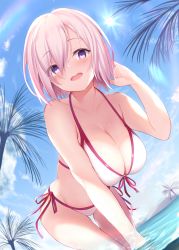 Rule 34 | 1girl, bare shoulders, beach, bikini, blue sky, blush, breasts, cleavage, collarbone, day, fate/grand order, fate (series), hair over one eye, hand in own hair, highres, large breasts, leaning forward, light purple hair, looking at viewer, maosame, mash kyrielight, mash kyrielight (swimsuit of perpetual summer), navel, official alternate costume, purple eyes, short hair, sky, smile, solo, sunlight, swimsuit, thighs, wading, white bikini