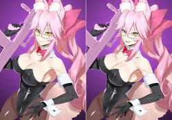 Rule 34 | 1girl, absurdres, alternate costume, armpits, black gloves, breasts, detached sleeves, expressions, fate (series), glasses, gloves, hand on own hip, highres, holding, holding weapon, ippo, koyanskaya (fate), large breasts, leotard, long hair, open mouth, pink hair, pink weapon, purple background, ribbon, smile, source request, tail, tamamo (fate), teeth, weapon, yellow eyes