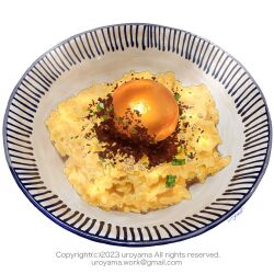 Rule 34 | copyright notice, egg (food), egg yolk, food, food focus, highres, no humans, original, plate, rice, tamagokake gohan, uroyama (macrophage)