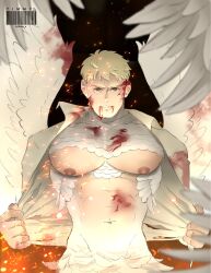 Rule 34 | 1boy, bara, bare pectorals, blood, blood from mouth, blood on face, body fur, chimera, cosplay, cowboy shot, dungeon meshi, embers, falin touden, falin touden (chimera), falin touden (chimera) (cosplay), feathered wings, frown, highres, laios touden, laios touden (chimera), large pectorals, looking at viewer, male focus, monster boy, monsterification, muscular, muscular male, nipples, parody, pectorals, short hair, solo, spread wings, tearing clothes, thick eyebrows, timmy (tiimy x), torn clothes, wings
