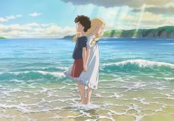 Rule 34 | 10s, 2girls, anna (omoide no marnie), back-to-back, barefoot, blonde hair, brown hair, cloud, day, dress, from side, holding hands, highres, light rays, long hair, marnie (omoide no marnie), multiple girls, ocean, official art, omoide no marnie, outdoors, profile, ribbon, short hair, short sleeves, shorts, sky, sunbeam, sunlight, wading, water, white dress