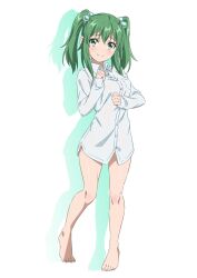 Rule 34 | 1girl, barefoot, blush, breasts, buttons, closed mouth, collared shirt, full body, green eyes, green hair, gyouza (mhea5724), hair between eyes, hair bobbles, hair ornament, highres, kisume, long hair, long sleeves, looking at viewer, medium breasts, shirt, simple background, smile, solo, toes, touhou, two side up, white background, white shirt