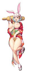 Rule 34 | 1girl, 2023, alternate costume, animal ears, between breasts, blush, breast press, breasts, chinese zodiac, clothes lift, cum, cum on body, cum on breasts, cum on upper body, embarrassed, full body, hammer, highres, holding, holding weapon, japanese clothes, jumping, kimono, large breasts, leotard, lilith-soft, looking at viewer, moaning, nipples, no bra, nobushito kuro, official alternate costume, open clothes, open mouth, panties, peeing, peeing self, playboy bunny, rabbit (chinese zodiac), rabbit ears, rabbit girl, shiny clothes, simple background, smile, solo, sweat, taimanin (series), taimanin rpgx, tongue, tongue out, una mochizuki, underwear, weapon, wet, wet clothes, wet panties, white background, white hair, white panties, wide hips, year of the rabbit