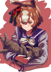 Rule 34 | 1girl, absurdres, animal, animal ears, blush, brown hair, cat, closed mouth, commentary request, ear ornament, embarrassed, hair between eyes, highres, holding, holding animal, holding cat, horse ears, horse girl, long sleeves, multicolored hair, pinwheel hair ornament, purple shirt, red background, red eyes, school uniform, shirt, short hair, simple background, solo, streaked hair, tracen school uniform, umamusume, upper body, v-shaped eyebrows, white background, white hair, yaeno muteki (umamusume), yuyuyukke