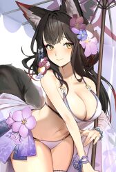 Rule 34 | 1girl, absurdres, animal ears, bare arms, bare legs, bare shoulders, bikini, black hair, blue archive, blush, breasts, cleavage, closed mouth, cowboy shot, eyeshadow, flower, fox ears, fox tail, franz2543, hair flower, hair ornament, highres, large breasts, long hair, looking at viewer, makeup, navel, official alternate costume, pink eyeshadow, pink flower, purple bikini, purple flower, solo, swimsuit, tail, thigh strap, wakamo (blue archive), wakamo (swimsuit) (blue archive), yellow eyes