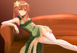 Rule 34 | 1girl, alternate costume, braid, china dress, chinese clothes, couch, detached sleeves, dress, gradient background, hair ornament, hasu (lausdys), highres, hong meiling, long hair, long sleeves, looking at viewer, lying, no headwear, panties, pantyshot, parted lips, red eyes, red hair, revision, solo, star (symbol), thighhighs, touhou, turtleneck, twin braids, underwear, white panties, white thighhighs
