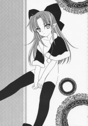 Rule 34 | 00s, 1girl, flat chest, greyscale, half updo, highres, len (tsukihime), long hair, melty blood, monochrome, pointy ears, solo, thighhighs, tsukihime, type-moon