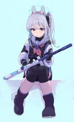 Rule 34 | 1girl, absurdres, aqua background, black bow, black footwear, black gloves, blue archive, blue skirt, boots, bow, bulletproof vest, full body, gloves, grey hair, gun, hair bow, highres, holding, holding gun, holding weapon, ikky, knee pads, long hair, long sleeves, miyako (blue archive), neckerchief, one side up, pink neckerchief, purple eyes, sailor collar, school uniform, serafuku, simple background, sitting, skirt, solo, submachine gun, suomi kp/-31, tactical clothes, weapon, white sailor collar