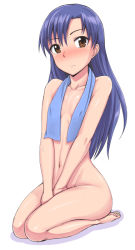 Rule 34 | 1girl, barefoot, between legs, blue hair, blush, brown eyes, censored, convenient censoring, covering privates, covering crotch, dan (orange train), embarrassed, hand between legs, idolmaster, idolmaster (classic), kisaragi chihaya, long hair, looking at viewer, naked towel, navel, nude, seiza, sitting, solo, towel, towel around neck, towel over breasts, v arms