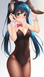Rule 34 | 1girl, animal ears, black hairband, black leotard, blue eyes, blue hair, blush, bow, bowtie, breasts, brown pantyhose, cleavage, closed mouth, covered navel, detached collar, fake animal ears, fishnet pantyhose, fishnets, floating hair, grey background, hairband, highres, kin-iro mosaic, komichi aya, leotard, long hair, looking at viewer, medium breasts, minato ojitan, pantyhose, playboy bunny, rabbit ears, red bow, red bowtie, shiny skin, solo, standing, strapless, strapless leotard, striped clothes, striped leotard, very long hair, wrist cuffs