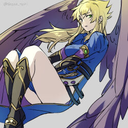 Rule 34 | 1girl, absurdres, blonde hair, breasts, breath of fire, breath of fire ii, dress, feathered wings, feet out of frame, green eyes, highres, long hair, looking at viewer, medium breasts, nina (breath of fire ii), purple wings, sassa (cb), side slit, simple background, solo, white background, wings