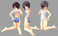 Rule 34 | 00s, 1girl, 3d, ass, barefoot, breasts, character sheet, competition swimsuit, feet, female focus, full body, kneeling, nagato yuki, one-piece swimsuit, polygon love 2, short hair, silver hair, simple background, soles, solo, suzumiya haruhi no yuuutsu, swimsuit, toes, yellow eyes