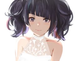 Rule 34 | 1girl, bare shoulders, commentary request, diagonal bangs, idolmaster, idolmaster shiny colors, lace, light smile, looking at viewer, portrait, purple eyes, purple hair, short twintails, sidelighting, simple background, sketch, solo, takagaki eru, tanaka mamimi, twintails, white background