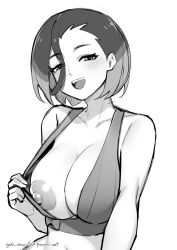 Rule 34 | 1girl, :d, absurdres, artist name, bare shoulders, blush, bob cut, breasts, cleavage, clothes pull, collarbone, creatures (company), crop top, eyes visible through hair, game freak, ge-b, greyscale, head tilt, highres, large breasts, lips, looking at viewer, midriff, monochrome, navel, nintendo, nipples, off shoulder, open mouth, pawoo username, perrin (pokemon), pokemon, pokemon sv, shirt, short hair, simple background, sleeveless, sleeveless shirt, smile, solo, sports bra, sports bra pull, teeth, upper teeth only, watermark, web address, white background
