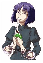 Rule 34 | 1girl, android, bob cut, broken, clenched teeth, commentary request, dress, eating, food, ghost in the shell, green dress, highres, itou yuuji, juliet sleeves, kusanagi motoko, long sleeves, mechanical parts, mochi, puffy sleeves, purple eyes, purple hair, short hair, simple background, solo, teeth, upper body, white background, wide-eyed