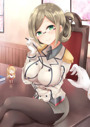 Rule 34 | 10s, 1girl, between breasts, breast hold, breasts, brown hair, chair, desk, fairy (kancolle), folded ponytail, glasses, gloves, green eyes, kantai collection, katori (kancolle), large breasts, crossed legs, looking at viewer, military, military uniform, miniskirt, necktie, neneru, on desk, oto 152mm triple rapid fire gun mount, pantyhose, pencil skirt, pointer, revision, riding crop, silver hair, sitting, on desk, skirt, smile, solo focus, uniform, white gloves, window
