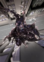 Rule 34 | 1boy, armor, black cloak, blurry, blurry background, building, cloak, depth of field, eiri (eirri), fate/grand order, fate (series), glowing, glowing eyes, holding, holding sword, holding weapon, horns, jumping, king hassan (fate), looking at viewer, male focus, road, skull, skyscraper, solo, spikes, sword, weapon