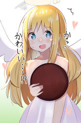 Rule 34 | !?, 1other, :d, absurdres, angel, angel wings, bad id, bad twitter id, blonde hair, blue eyes, blush, broken halo, chorome112, cowboy shot, crimvael, dress, gradient background, halo, heart, highres, holding, holding tray, ishuzoku reviewers, long hair, open mouth, other focus, sidelocks, smile, solo, sweatdrop, tray, white dress, white wings, wings