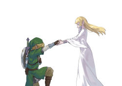 Rule 34 | 1boy, 1girl, absurdres, artist request, blonde hair, blue eyes, bracelet, breasts, clothes lift, collarbone, dress, dress lift, eyelashes, feet, fingernails, floating hair, from side, green headwear, hair ornament, highres, holding, holding hands, huge filesize, jewelry, kneeling, link, long dress, long hair, long sleeves, looking at another, master sword, medium hair, neck, nintendo, no bra, parted lips, pink footwear, pointy ears, princess zelda, profile, sandals, sidelocks, simple background, small breasts, spoilers, standing, the legend of zelda, the legend of zelda: skyward sword, triforce, tunic, white background, white dress, white tunic, wide sleeves