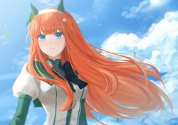 Rule 34 | 1girl, animal ears, blue eyes, breasts, cloud, day, ear covers, grass, h4m (nacho0101), hair ornament, hairclip, horse ears, jacket, juliet sleeves, long hair, long sleeves, looking at viewer, orange eyes, outdoors, parted lips, puffy sleeves, silence suzuka (umamusume), small breasts, solo, umamusume, upper body, white jacket, wind