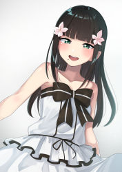 Rule 34 | 1girl, :d, bare shoulders, black bow, black bowtie, black hair, blunt bangs, bow, bowtie, collarbone, commentary request, dress, flower, green eyes, grey background, hair flower, hair ornament, highres, kurosawa dia, long hair, love live!, love live! school idol festival, love live! sunshine!!, mole, mole under mouth, open mouth, smile, solo, strapless, strapless dress, striped bow, striped bowtie, striped clothes, striped neckwear, torikoriko please!!, yuama (drop)