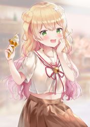Rule 34 | 1girl, :d, absurdres, aoba mitsu, blonde hair, blurry, blurry background, blush, breasts, brown skirt, bun cover, double bun, fang, flower, food, green eyes, hair between eyes, hair bun, hair flower, hair ornament, hand on own cheek, hand on own face, highres, holding, hololive, ice cream, long hair, looking at viewer, midriff peek, momosuzu nene, multicolored hair, navel, neckerchief, open mouth, pink hair, pleated skirt, sailor collar, school uniform, serafuku, shirt, short sleeves, skirt, small breasts, smile, soft serve, solo, spoon, uniform, virtual youtuber, white shirt