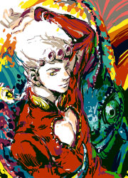 Rule 34 | 1boy, abstract, arm up, blonde hair, braid, chameleon, colorful, giorno giovanna, jojo no kimyou na bouken, lizard, male focus, pectoral cleavage, pectorals, reine (artist), sketch, smile, solo, speed painting, vento aureo, yellow eyes