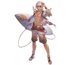 Rule 34 | 1boy, alternate costume, anklet, arm up, belt, facing viewer, fake wings, full body, granblue fantasy, holding, holding surfboard, jewelry, lucio (granblue fantasy), lucio (summer) (granblue fantasy), male focus, minaba hideo, navel, necklace, no nipples, official art, open clothes, open shirt, parted lips, sandals, shorts, solo, sunglasses, surfboard, sweat, tan, transparent background, white hair, wings