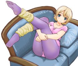 Rule 34 | 1girl, blonde hair, blue eyes, blush, braid, breasts, cleavage, closed mouth, commentary, couch, darjeeling (girls und panzer), girls und panzer, head tilt, hugging own legs, leg warmers, legs, legs up, leotard, light blush, looking at viewer, lying, medium breasts, no shoes, on back, on couch, pantyhose, pillow, purple leotard, purple pantyhose, short hair, short sleeves, simple background, smile, solo, swept bangs, thighs, twin braids, uona telepin, white background, yellow pantyhose