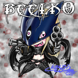 Rule 34 | 1girl, :d, beelstarmon, belt, belt collar, black gloves, black jacket, black pants, black scarf, blonde hair, blush, breasts, character name, chibi, collar, commentary request, crop top, digimon, digimon (creature), dual wielding, fang, full body, gloves, grey background, gun, handgun, holding, holding gun, holding weapon, jacket, leather, leather pants, long hair, long sleeves, looking at viewer, mask, midriff, multiple-barrel firearm, navel, open clothes, open jacket, open mouth, pants, pink eyes, pistol, revolver, rizoma de loto, scarf, signature, smile, solo, standing, third eye, trigger discipline, triple-barreled revolver, volley gun, watanabe kenji, weapon