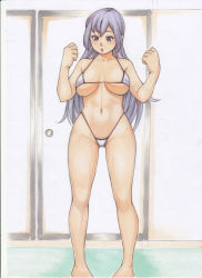 Rule 34 | 1girl, bare shoulders, bikini, breasts, breasts apart, brown eyes, collarbone, commentary request, covered erect nipples, feet out of frame, grey hair, hands up, highleg, highleg bikini, indoors, large breasts, long hair, looking down, micro bikini, navel, nemui333, original, room, sidelocks, solo, stomach, swimsuit, thigh gap, thighs, traditional media, underboob, very long hair