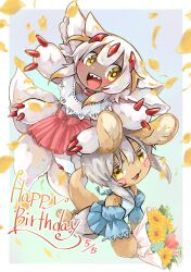 Rule 34 | 1girl, 1other, :3, animal ears, blush, bouquet, brown fur, claws, dress, extra arms, extra tails, faputa, flower, furry, happy birthday, highres, holding, holding bouquet, horizontal pupils, made in abyss, mumu yu mu, nanachi (made in abyss), open mouth, petals, rabbit ears, sharp teeth, tail, teeth, whiskers, yellow eyes