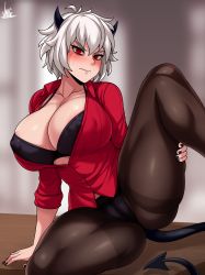Rule 34 | 1girl, absurdres, ahoge, alternate breast size, black bra, black horns, black nails, black panties, black pantyhose, black tail, blurry, blurry background, blush, bra, breasts, cameltoe, covered erect nipples, curvy, demon girl, demon horns, demon tail, gluteal fold, helltaker, highres, horns, jmg, large breasts, malina (helltaker), nail polish, nipples, panties, panties under pantyhose, pantyhose, red eyes, short hair, signature, solo, spread legs, sweat, sweatdrop, table, tail, thick thighs, thighs, tsundere, underwear, wavy mouth, white hair