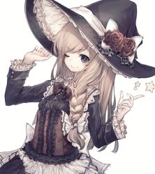Rule 34 | 1girl, ;), alternate costume, alternate eye color, arm up, back bow, black dress, black hat, blonde hair, blue eyes, blush, bow, bowtie, braid, breasts, buttons, center frills, closed mouth, commentary request, dress, eyelashes, flower, frilled sleeves, frills, hat, hat bow, hat flower, hat ribbon, highres, hito komoru, index finger raised, kirisame marisa, lips, long hair, long sleeves, looking at viewer, medium breasts, one eye closed, red bow, red bowtie, red flower, red rose, ribbon, rose, sash, simple background, single braid, smile, solo, standing, star (symbol), touhou, upper body, white background, white bow, white ribbon, white sash, witch hat