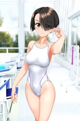 Rule 34 | 1girl, absurdres, black hair, blurry, blurry background, bob cut, breasts, commentary request, competition swimsuit, covered navel, cowboy shot, eyes visible through hair, girls und panzer, green eyes, hair over one eye, highres, inverted bob, medium breasts, multicolored clothes, one-piece swimsuit, outdoors, poolside, short hair, solo, starting block, swimsuit, takafumi, two-tone swimsuit, vanilla (girls und panzer), variant set, white one-piece swimsuit