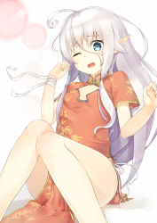 Rule 34 | 1girl, ahoge, aqua eyes, china dress, chinese clothes, dress, hair between eyes, hair ornament, highres, knees together feet apart, light purple hair, long hair, looking at viewer, one eye closed, open mouth, original, pointy ears, red dress, ruma imaginary, short sleeves, side slit, sidelocks, simple background, sitting, solo