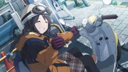 Rule 34 | 1girl, ^ ^, backpack, bag, black hair, blush, boots, braid, brown footwear, brown skirt, closed eyes, commentary, day, dutch angle, game cg, gloves, goggles, goggles on headwear, grin, hair tie, helmet, hood, hooded jacket, idolmaster, idolmaster shiny colors, jacket, long hair, mitsumine yuika, motor vehicle, official art, on vehicle, orange jacket, outdoors, pantyhose, plaid, plaid skirt, pom pom (clothes), purple gloves, rain, scooter, sidewalk, sitting, skirt, smile, solo focus, thumbs up, traffic cone, twin braids, vespa