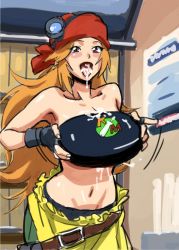 Rule 34 | 10s, 1girl, artist request, bandana, bare shoulders, breast hold, breasts, brown eyes, cleavage, cum, cum in mouth, cum on body, cum on breasts, cum on clothes, cum on tongue, cum on upper body, danball senki, female focus, fingerless gloves, gloves, kitajima saki, large breasts, long hair, looking at viewer, midriff, navel, open mouth, orange hair, smile, solo, strapless, tongue, tongue out, tube top