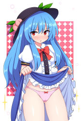 Rule 34 | :o, black headwear, blue hair, blue skirt, blush, bow, cameltoe, clothes lift, food, frills, fruit, gluteal fold, hat, hinanawi tenshi, leaf, lifted by self, long hair, panties, peach, pink panties, puffy short sleeves, puffy sleeves, red bow, red eyes, red ribbon, ribbon, rizento, shirt, short sleeves, skirt, skirt lift, thighs, touhou, underwear, white shirt