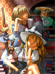 Rule 34 | 2girls, absurdres, alice margatroid, apron, black hat, black skirt, blonde hair, blouse, blue dress, blue eyes, bodice, book, book stack, bookshelf, bow, box, broom, buttons, chair, checkerboard cookie, cookie, crossed legs, cup, doll, dress, elbow rest, floating, food, frilled skirt, frills, green dress, hair between eyes, hair bow, hair ribbon, hairband, hand on own cheek, hand on own face, hand on own hip, hat, hat bow, head tilt, highres, holding, holding cup, holding tray, indoors, jewelry, kirisame marisa, lips, looking at another, looking at viewer, mko (artist), multiple girls, neck ribbon, pink dress, pouring, puffy short sleeves, puffy sleeves, ribbon, ribbon-trimmed sleeves, ribbon trim, ring, shanghai doll, shirt, short sleeves, sitting, skirt, tea, teacup, teapot, touhou, tray, underbust, wallpaper (object), white shirt, witch hat, yellow eyes