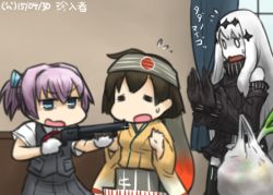 Rule 34 | 0 0, 10s, 3girls, = =, abyssal ship, aircraft carrier water oni, bag, black gloves, blue eyes, brown hair, detached sleeves, dress, flying sweatdrops, glint, gloves, gun, hamu koutarou, hands up, height difference, hiryuu (kancolle), kantai collection, multiple girls, plastic bag, pump action, purple hair, remodel (kantai collection), ribbed dress, sailor dress, shiranui (kancolle), short dress, short sleeves, shotgun, spring onion, thighhighs, weapon, white gloves, white hair, wide sleeves