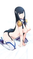 Rule 34 | 10s, 1girl, absurdres, black hair, blue eyes, boots, breasts, epaulettes, eyebrows, high heel boots, high heels, highres, kill la kill, kiryuuin satsuki, large breasts, long hair, nipples, pointy breasts, puffy nipples, solo, thigh boots, thighhighs, tonotyama, very long hair, white thighhighs