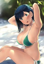 Rule 34 | 1girl, armpits, arms behind head, arms up, bikini, blue eyes, blue hair, blurry, blurry background, blush, breasts, cleavage, collarbone, day, depth of field, front-tie bikini top, front-tie top, green bikini, hair down, halterneck, highres, kantai collection, large breasts, looking at viewer, medium hair, open mouth, outdoors, river, shibafu (glock23) (style), side-tie bikini bottom, sideboob, sitting, skindentation, smile, solo, souryuu (kancolle), string bikini, sweat, swimsuit, tying hair, wa (genryusui)