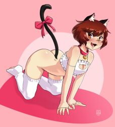 Rule 34 | absurdres, animal ears, bow on tail, breasts, brown eyes, brown hair, cat ears, cat girl, cat lingerie, cat tail, cleavage, cleavage cutout, clothing cutout, dalehan, fishnet sleeves, fishnets, highres, medium breasts, meme attire, nathy, petite, short hair, small breast, tail, thighhighs, thighs