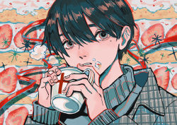 Rule 34 | 1boy, absurdres, bandaid, bandaid on hand, black hair, cake, commentary request, cream, cream on face, cross, cup, food, food on face, fruit, grey eyes, grey jacket, hands up, highres, holding, holding cup, jacket, long sleeves, looking at viewer, male focus, mole, mole under eye, original, parted lips, portrait, red ribbon, ribbon, short hair, solo, sparkle, steam, strawberry, strawberry shortcake, sweater, teacup, teeth, tomei ningen, turtleneck, turtleneck sweater, upper body