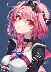 Rule 34 | absurdres, animal ears, arknights, black choker, black hairband, blue background, braid, breasts, cat ears, choker, commentary request, goldenglow (arknights), hairband, highres, jacket, large breasts, long hair, looking at viewer, open clothes, open jacket, parted lips, pink hair, shirt, simple background, single braid, suyujiu u, upper body, white shirt, yellow eyes